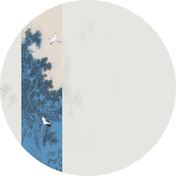 圓形意境山水線描山水圓形畫