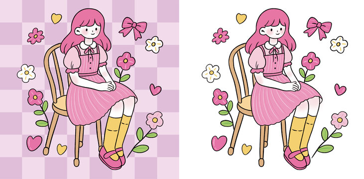 粉裙少女的夢幻插畫