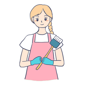 手繪卡通女孩打掃清潔免摳元素