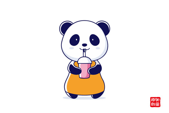 可愛熊貓喝飲品卡通形象