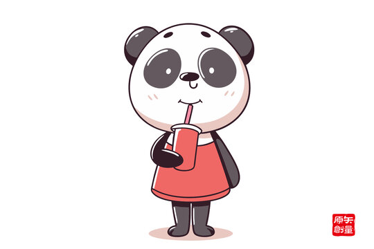 可愛(ài)熊貓喝飲料卡通形象