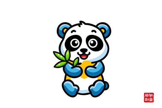 可愛卡通熊貓抱竹葉