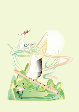 國風(fēng)古笛山水矢量圖分圖層