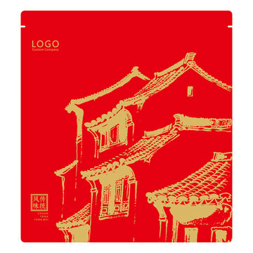小吃密封袋鋁箔袋包裝設(shè)計(jì)模板江南古建底紋