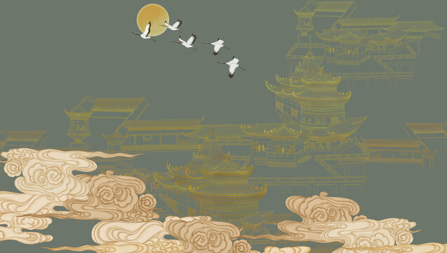 中式金線山水樓閣刺繡背景墻