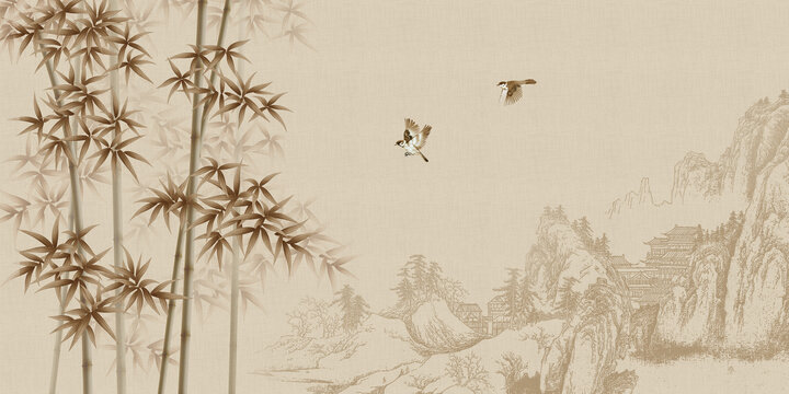意境山水竹鳥(niǎo)裝飾畫(huà)