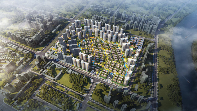 大型住宅區(qū)鳥瞰效果圖