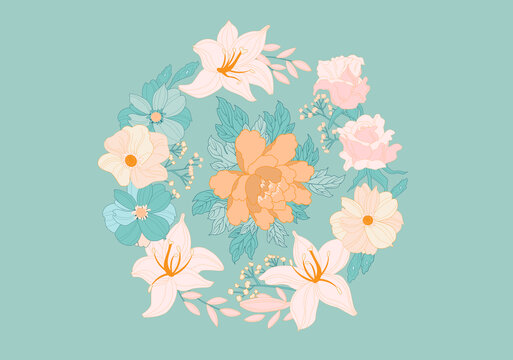 清新花卉環(huán)形圖案插畫國(guó)潮紋樣