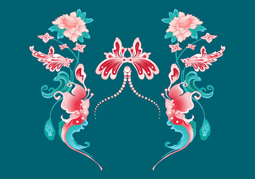 中式古典花卉蝴蝶裝飾圖案國潮紋樣