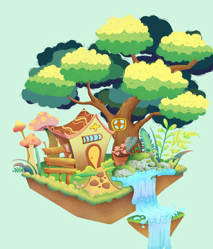 植物場景小屋插畫