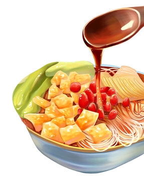 美味澆汁米線食物插畫