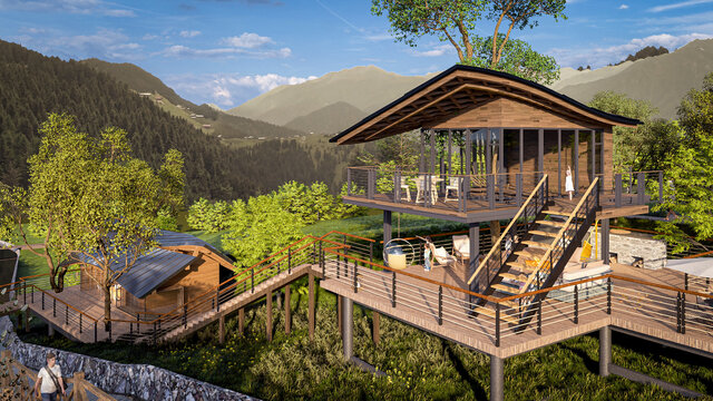 山間木質(zhì)雙層度假小屋