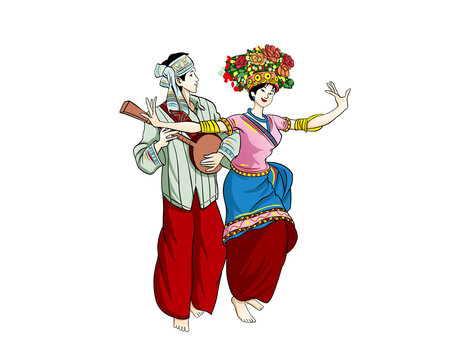 少數(shù)民族男女載歌載舞