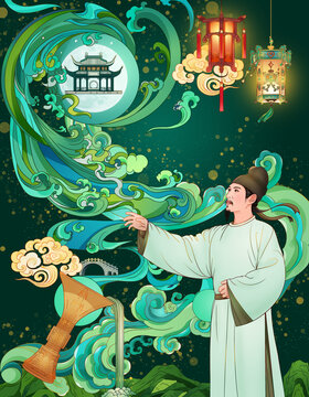 中秋古風明月人物場景插畫