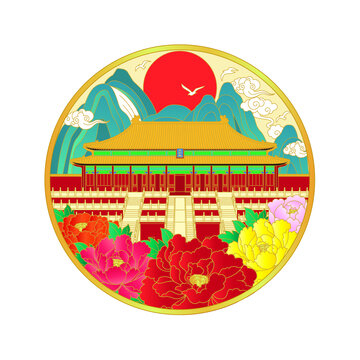 中式宮殿花卉圓形插畫