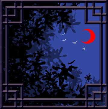 中式窗景下的月夜飛鳥