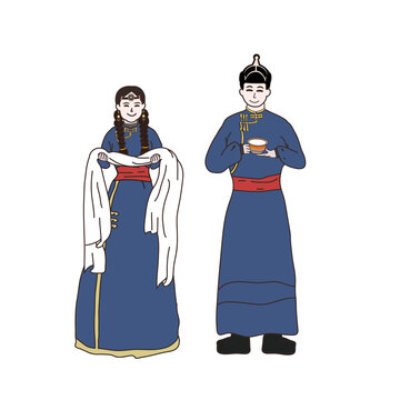 蒙古族青年男女敬哈達(dá)敬馬奶酒