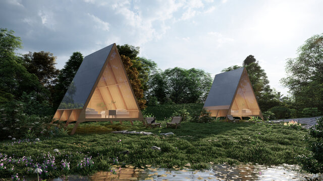 森林中的三角形創(chuàng)意小屋