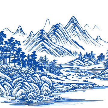 中式山水畫卷手繪線稿矢量圖禮盒設(shè)計(jì)背景圖