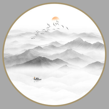 圓形意境水墨山水畫
