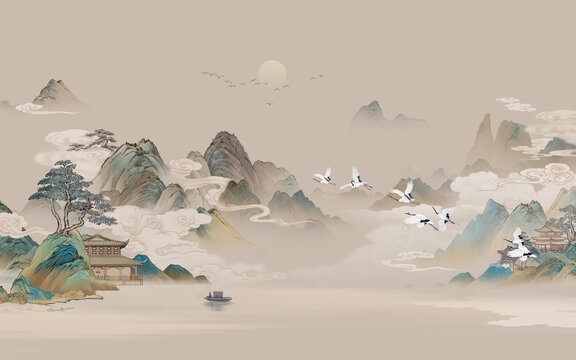 中式山水仙鶴詩(shī)意畫卷