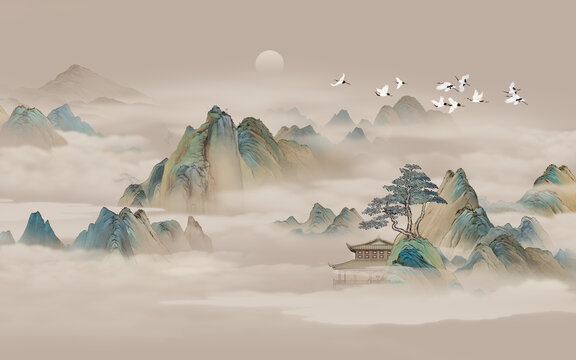 中式山水間的飛鳥與樓閣
