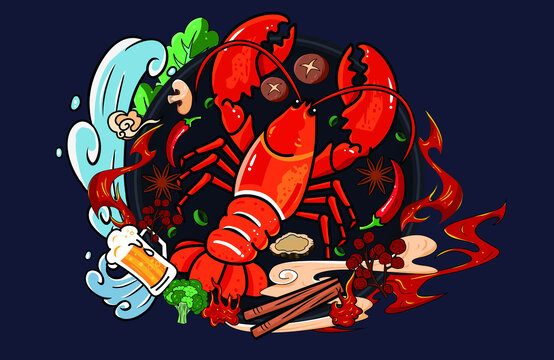 五香麻辣龍蝦店插畫海報手繪矢量香料展架