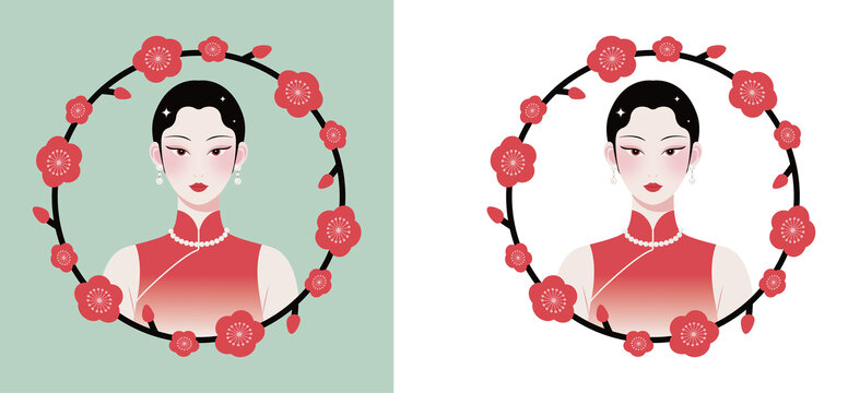 古典旗袍美人梅花環(huán)繞圖