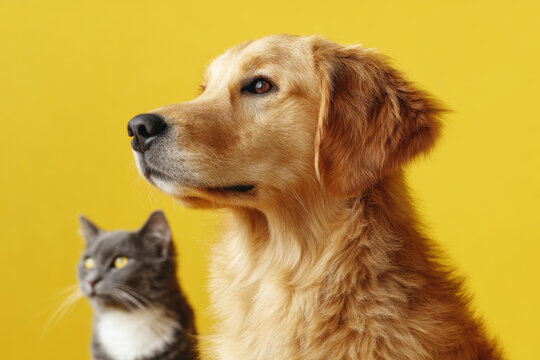黃色背景下金毛犬和灰貓肖像