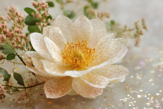 水珠點綴的淡雅花朵