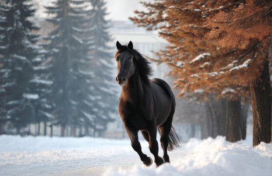 冬季雪地里奔跑的黑馬