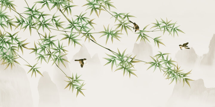 山水竹鳥素材裝飾畫