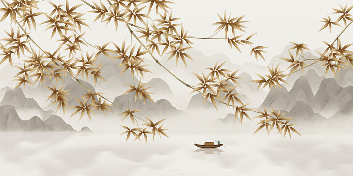 孤舟山水竹子裝飾畫(huà)