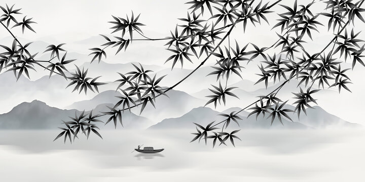 水墨山水竹子裝飾畫
