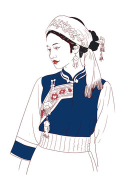 白族女孩服飾肖像鋼筆速寫寫生