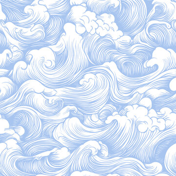 藍(lán)白手繪風(fēng)海浪圖案素材