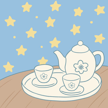 手繪茶具與星星背景圖案