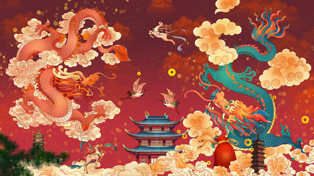 傳統(tǒng)祥瑞仙鶴福祿祝福國風(fēng)素材插畫