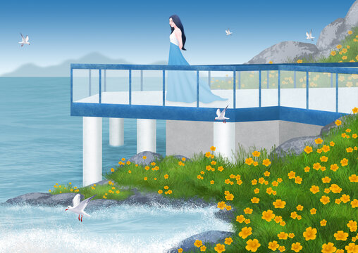 海邊藍(lán)裙女子賞景圖