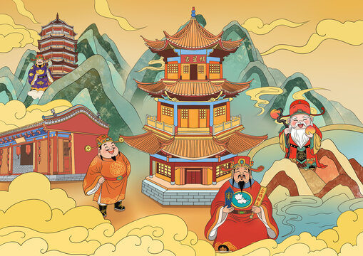 吉星樓插畫五福臨門福祿壽喜財神仙手繪插畫