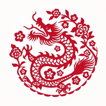 中式剪紙風龍紋圓形圖案