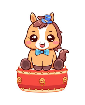 可愛(ài)小馬坐在鼓上卡通插畫
