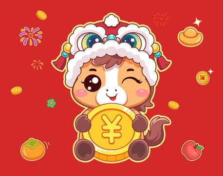 可愛馬抱金幣插畫