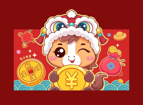 可愛馬年招財(cái)進(jìn)寶紅包插畫