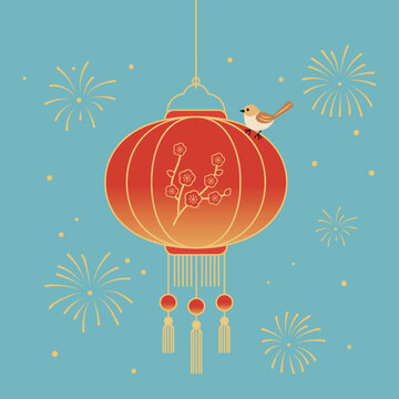 紅燈籠與小鳥的節(jié)慶畫面