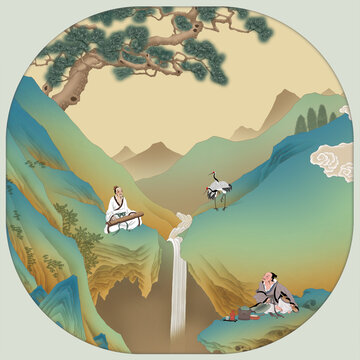 青綠山水宮扇