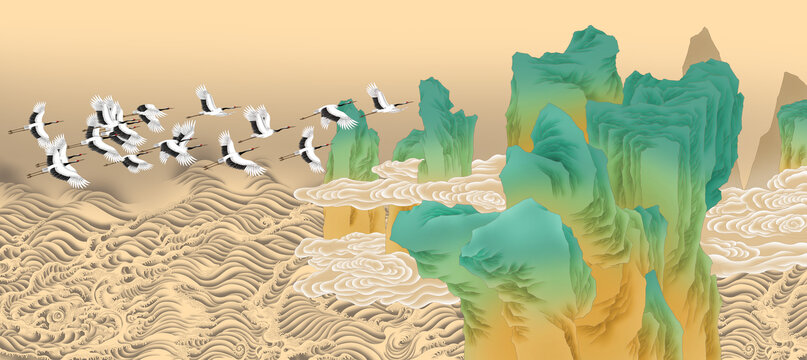 青綠山水仙鶴