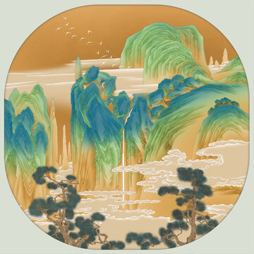 手繪古風(fēng)青綠山水畫