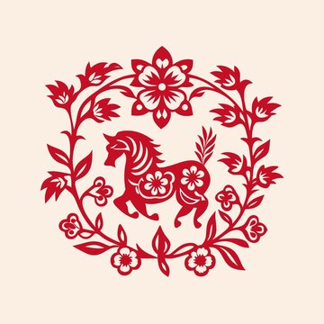 剪紙風(fēng)馬年花卉裝飾圖案