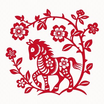 紅色剪紙風(fēng)駿馬花卉圖案